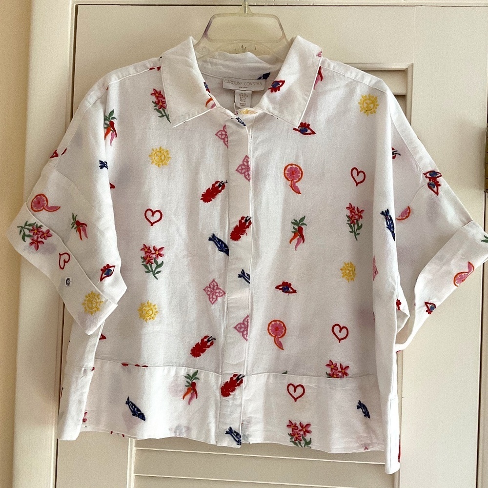 NWOT CAROLINE CONSTAS Embroidered White Short Sleeve Woman Summer Top Size US XL